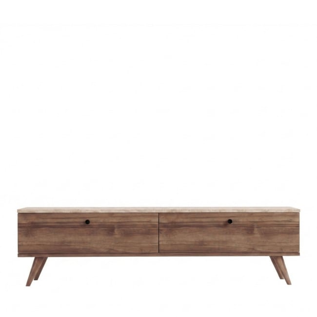 Meuble TV 2 portes plateau effet travertin et bois L140cm- YARA Couleur bois foncé <span itemprop=