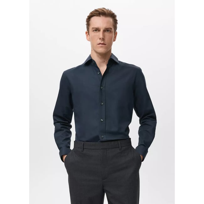Chemise 100 % coton slim-fit bleu marine <span itemprop=