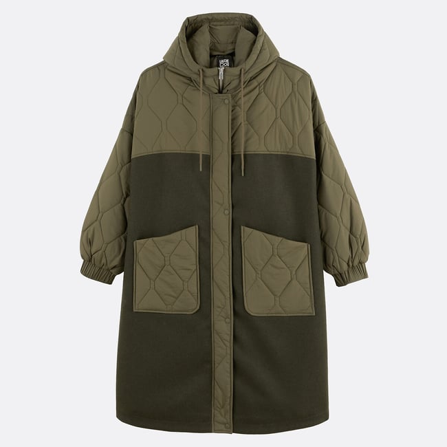 Parka longue, bi-matière, à capuche amovible vert kaki <span itemprop=