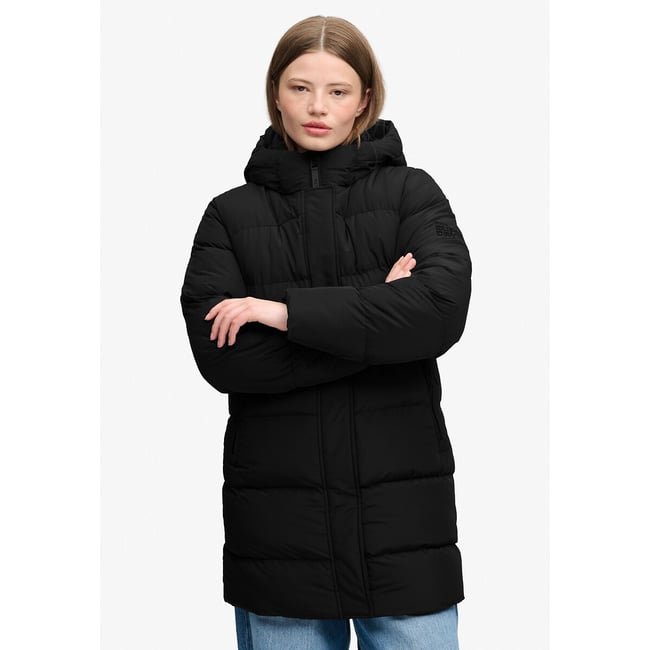 Chaqueta acolchada de largo medio con capucha Sports negro <span itemprop=