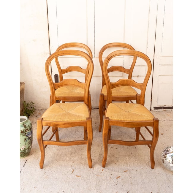 Lot de 4 chaises en bois et paille Claude N°1451 - Bon état Couleur bois clair <span itemprop=