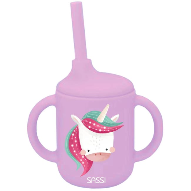 Gobelet en silicone avec poignées et paille ANIMAUX rose <span itemprop=