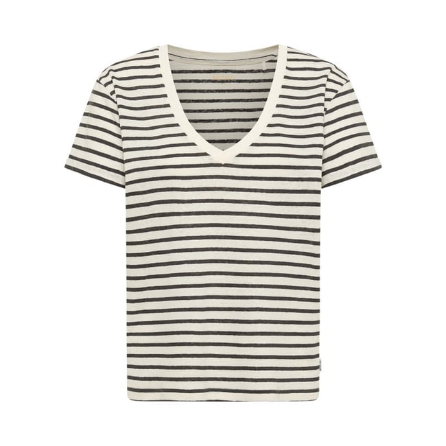 T-shirt en coton et lin mélangé blanc à rayures pourvu d'un col v blanc <span itemprop=