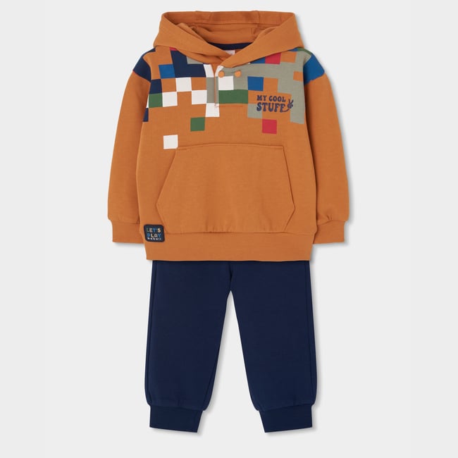 Ensemble molleton garçon imprimé pixels marron <span itemprop=