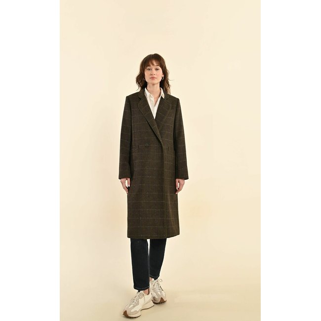 Long Buttoned Pea Coat in Checked Print, khaki, MOLLY BRACKEN