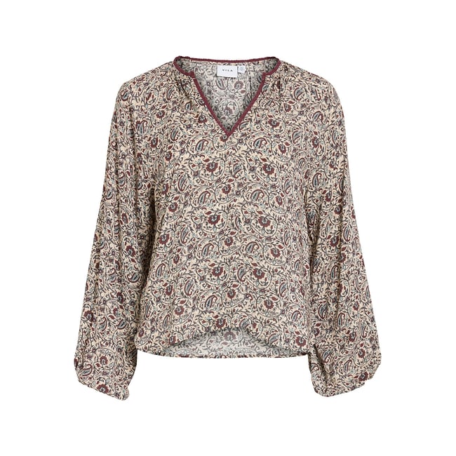 Blusa estampada con cuello de pico estampado burdeos <span itemprop=