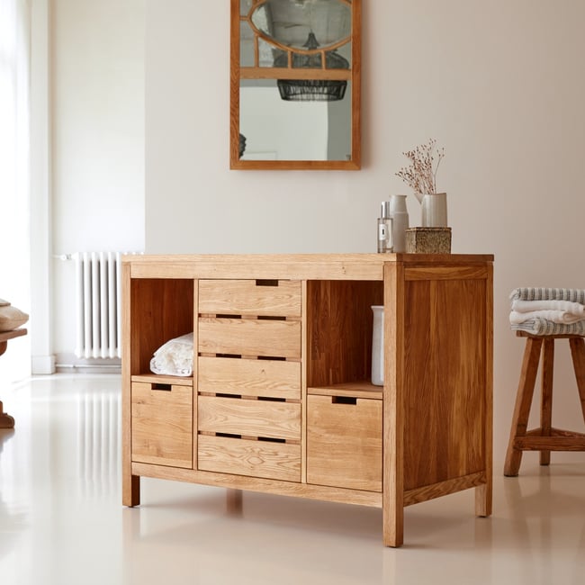 Meuble de rangement salle de bain en Chêne massif, SERENA Couleur naturel <span itemprop=
