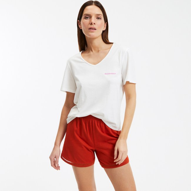 Pijama-calção em algodão terracota/cru <span itemprop=