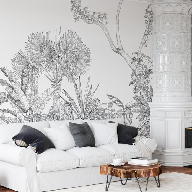 Papier peint panoramique, Paysage tropical et naturel noir et blanc - 85x260 cm (l x h) Couleur noir <span itemprop=