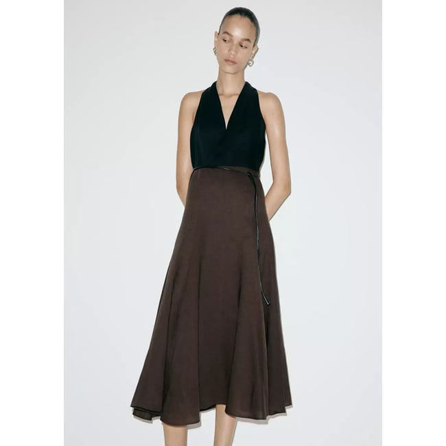 Robe midi évasée bicolore noir <span itemprop=