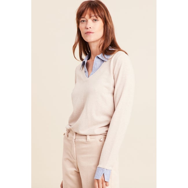 T-shirt effet 2 en 1 col chemise creme <span itemprop=