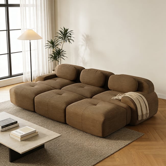 Canapé d'angle réversible 3 places avec 3 poufs en velours côtelé, SNOW - MEUBLES COSY