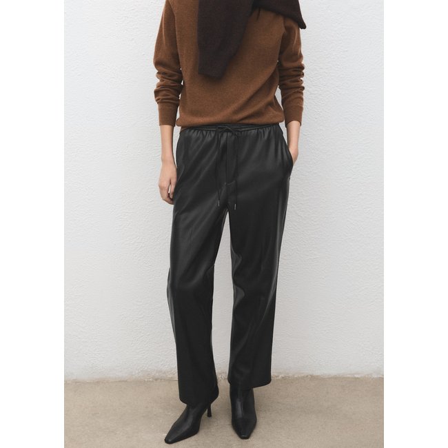Pantalon taille élastique cuir synthétique noir <span itemprop=