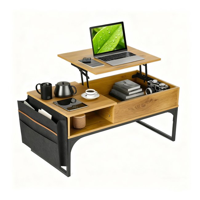 Table basse relevable avec rangement style industriel bois et métal, ZOLA Couleur imitation chêne <span itemprop=