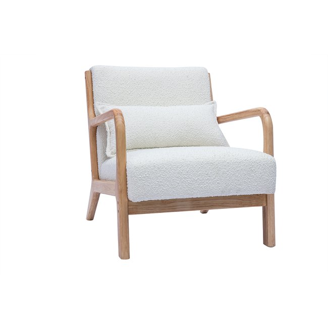 Fauteuil scandinave en tissu effet laine bouclée blanc et bois clair massif DERRY Couleur blanc <span itemprop=