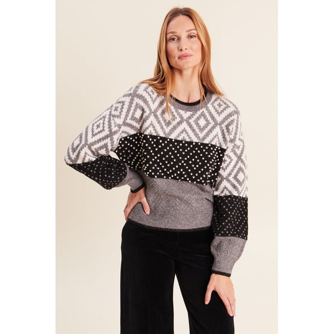 Pull jacquard col rond gris <span itemprop=
