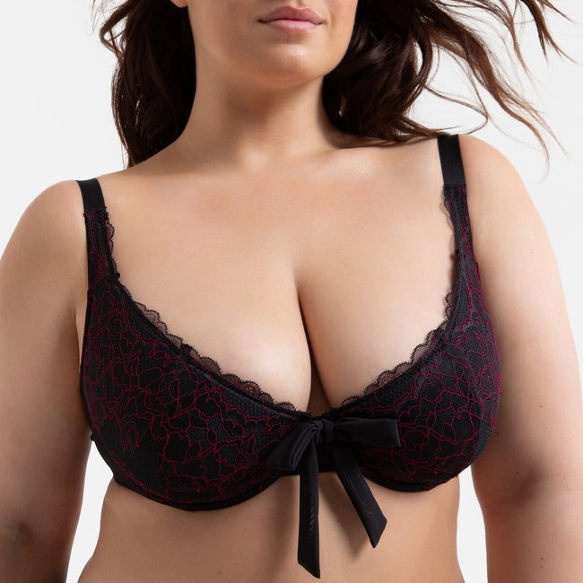 Laced Halterneck Bra, black, LA REDOUTE COLLECTIONS PLUS