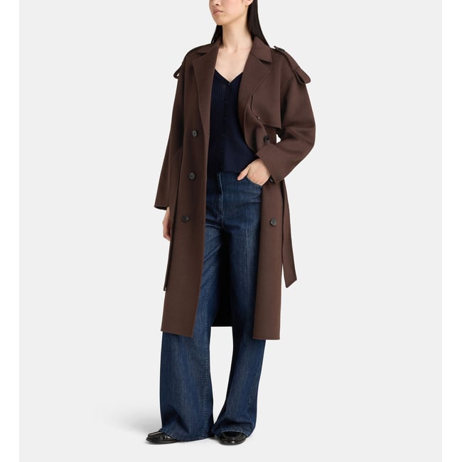 Manteau droit mi long levanio double face marron chocolat <span itemprop=