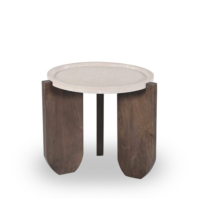 Table d'appoint en marbre et bois massif ø55cm - NADOR Couleur blanc ivoire <span itemprop=