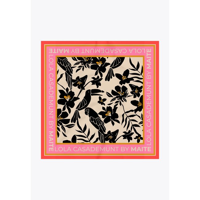 Foulard carré imprimé tropical toucan et fleurs blanc <span itemprop=