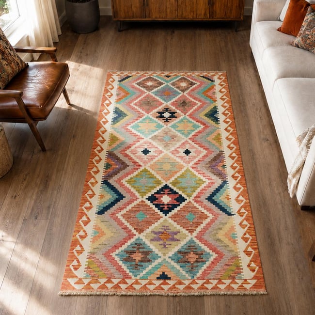 Tapis d'orient au motif ethnique, tissé à plat en laine, KILIM 7 Couleur multicolore, bleu, rouge <span itemprop=