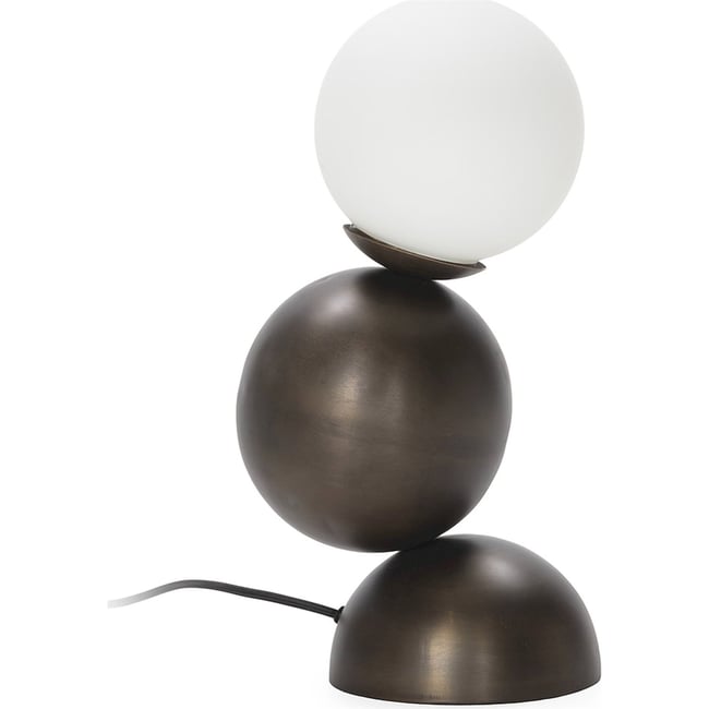 Lampe de table globe en verre et métal Couleur bronze vieilli et blanc <span itemprop=