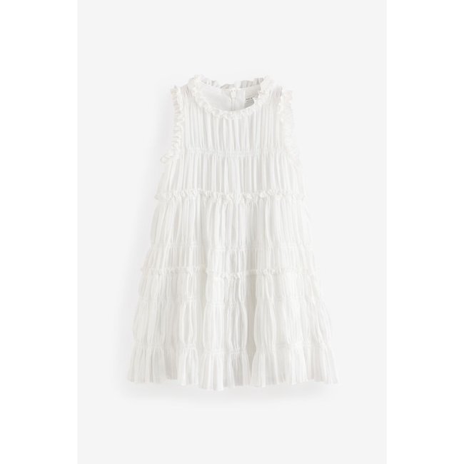 Robe de soirée froncée à volants blanc <span itemprop=