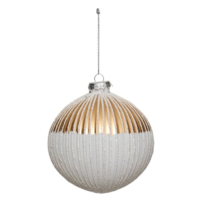 Boule de Noël en verre striée or et blanc D. 100 mm Couleur doré <span itemprop=