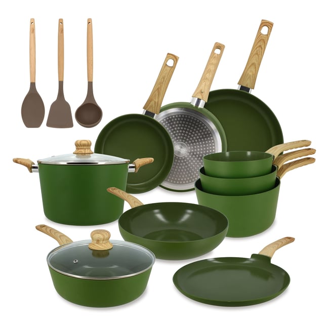 Set 13 pièces de cuisson aluminium, COLORAMA olive <span itemprop=