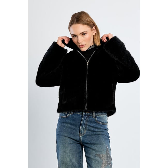 Veste imitation fourrure, unie noir <span itemprop=