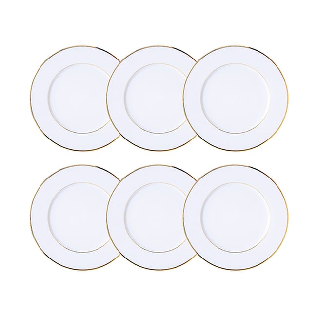 Lot de 6 assiettes à pain 16cm en porcelaine, CLASSIC FILET OR Couleur blanc et or <span itemprop=