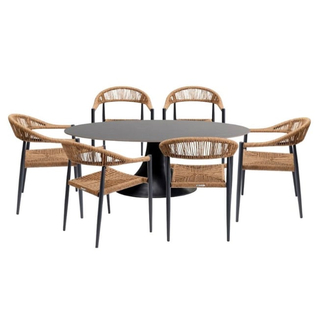 Table ovale en grès et 6 chaises, GRANDE POSSIBILITA nature <span itemprop=