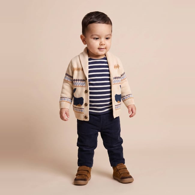 Cardigan tricot col teddy imprimé white cap <span itemprop=