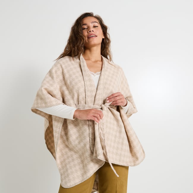 Poncho ceinturé ouvert à l'avant beige <span itemprop=