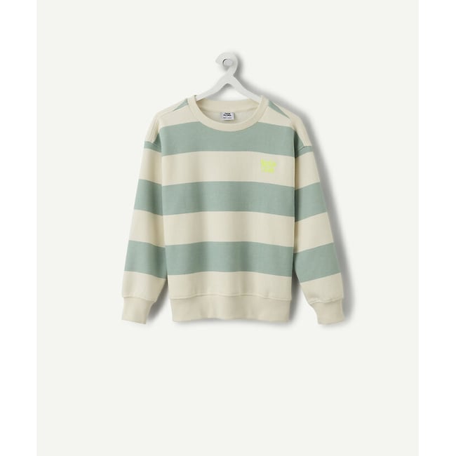 Sweat col rond rayé en molleton rayé vert/écru <span itemprop=