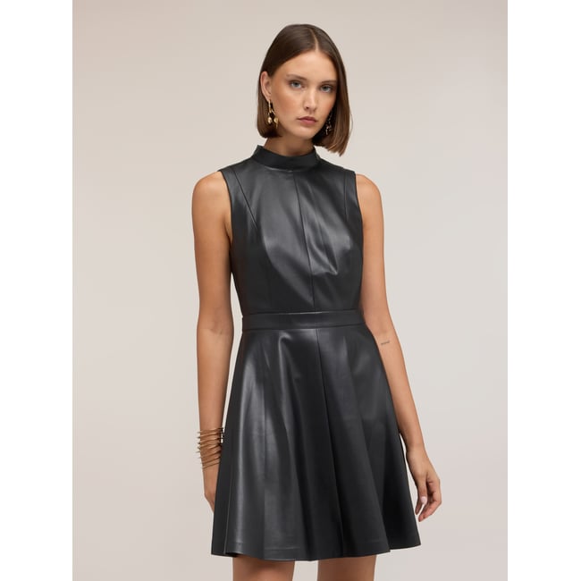 Robe courte évasée à col montant noir <span itemprop=
