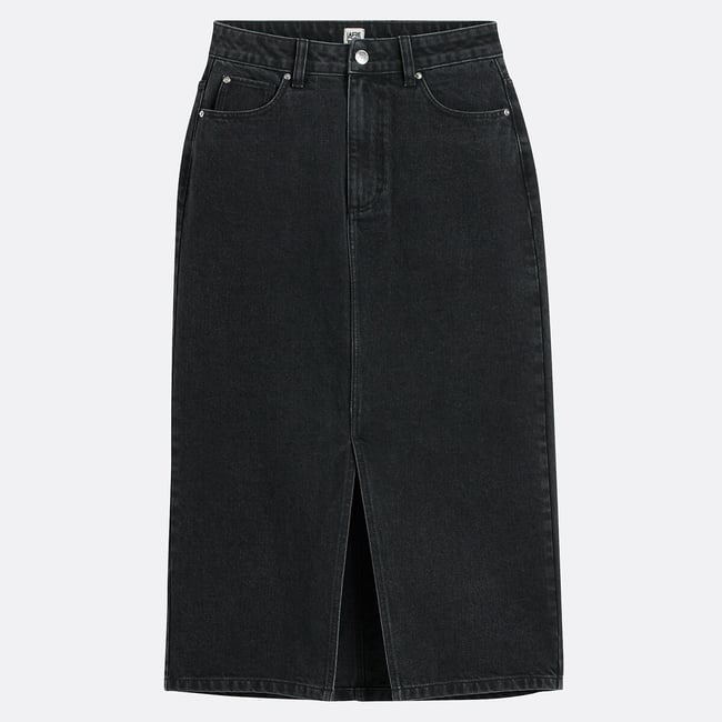 Jupe midi droite en denim  noir lavé <span itemprop=