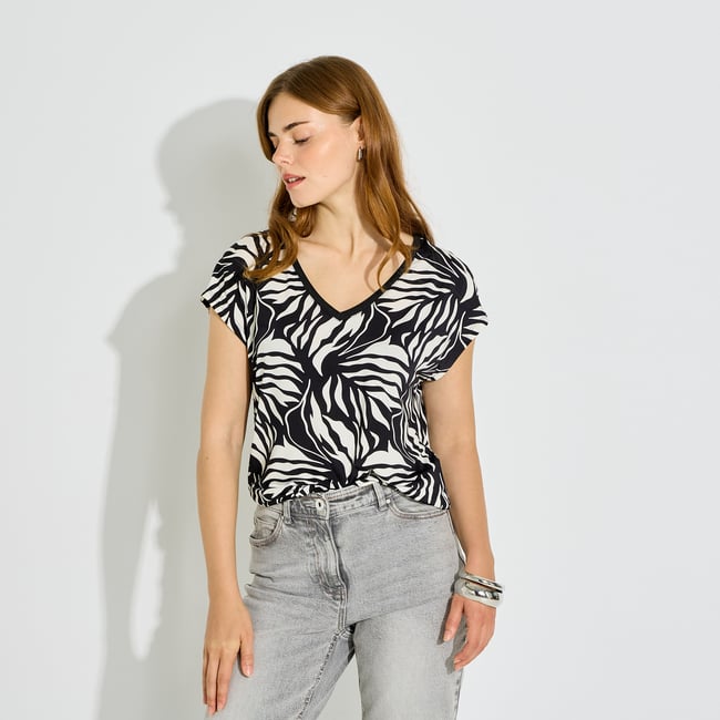 T-shirt col V imprimé venezia blanc cassé ecru <span itemprop=
