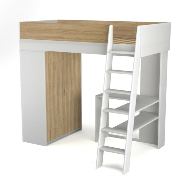 Pack lit mezzanine avec matelas MEMPHIS Couleur blanc et bois <span itemprop=