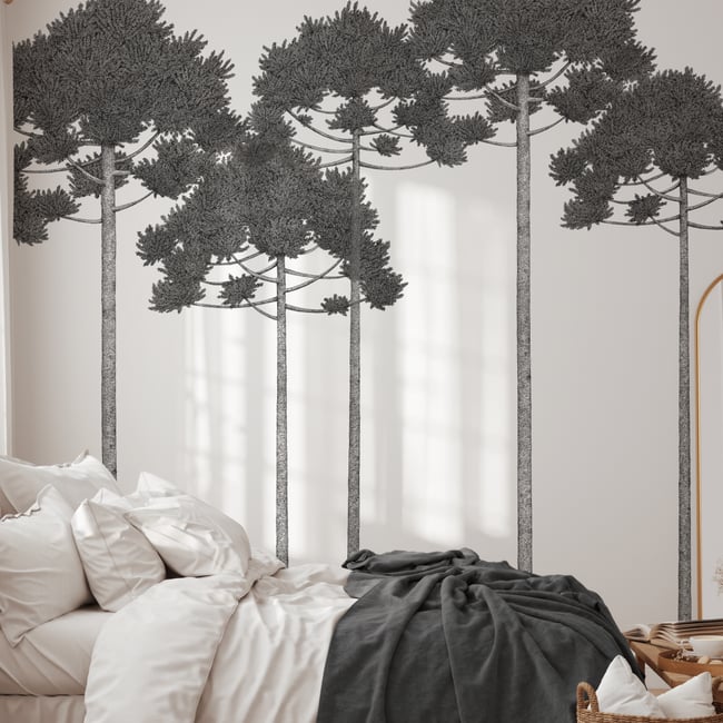 Papier peint panoramique noir et blanc avec arbres et forêt tropical - 255x260 cm (l x h) Couleur noir <span itemprop=