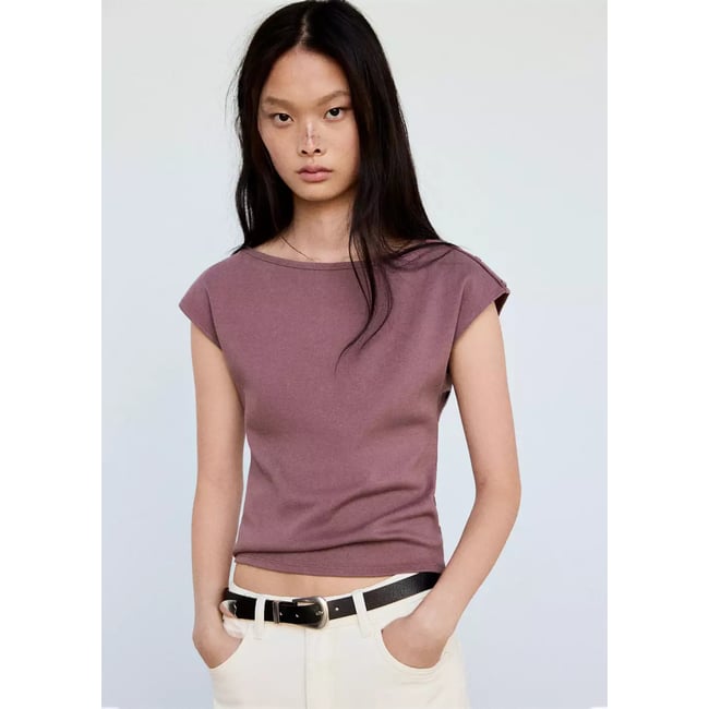 T-shirt col bateau avec boutons décoratifs violet clair/pastel <span itemprop=
