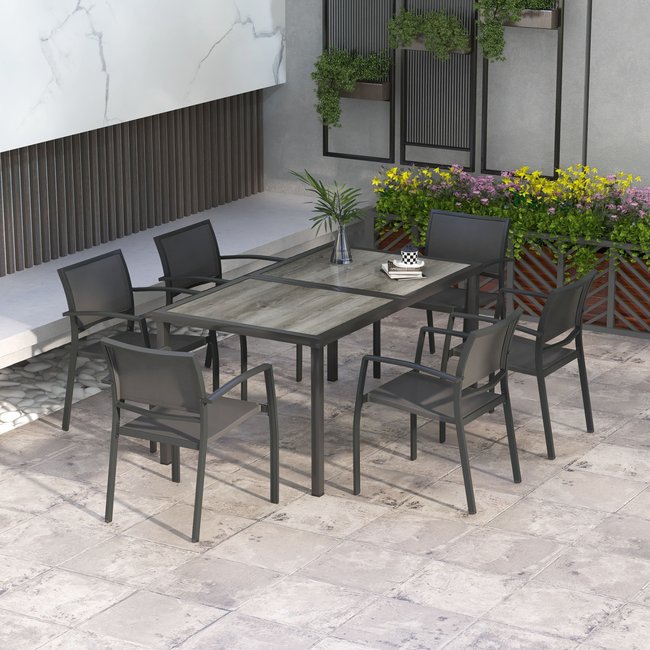 Ensemble salon de jardin 6 places 7 pièces acier textilène aspect bois gris gris <span itemprop=