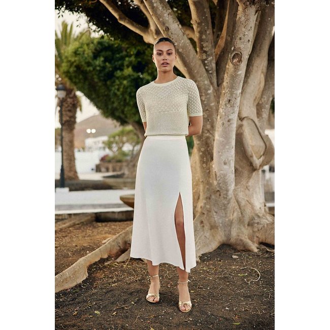 Jupe midi fendue en lin et coton, JENDRY ecru <span itemprop=