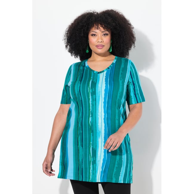 T-shirt long, coupe évasée. Col V aqua foncé <span itemprop=