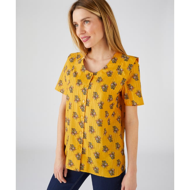 Chemisier coton rayures brillantes jaune bouquet <span itemprop=