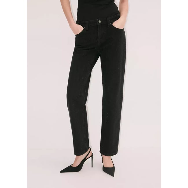 Jean droit détail cristaux black denim <span itemprop=