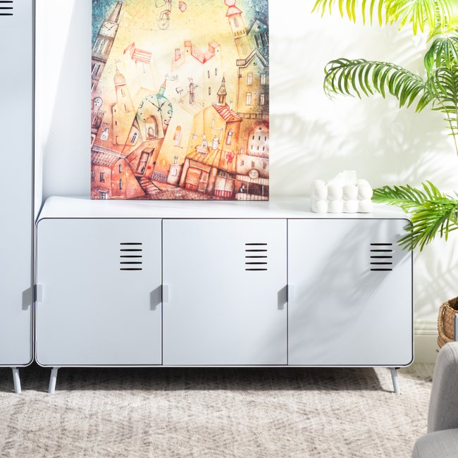 Armoire de rangement avec 3 portes et 2 couches en métal industriel, WALNUTCABINET Couleur bleu placide <span itemprop=