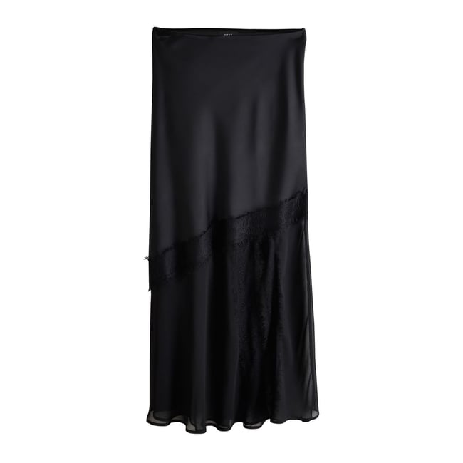 Jupe mi-longue en satin et mesh à dentelle noir <span itemprop=