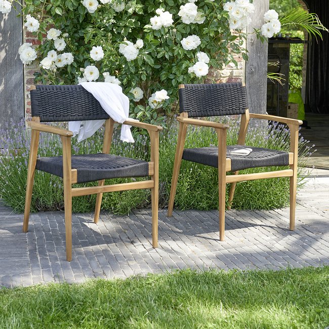 Lot de 2 fauteuils de jardin en teck massif et cordage noir  ESTHER noir <span itemprop=