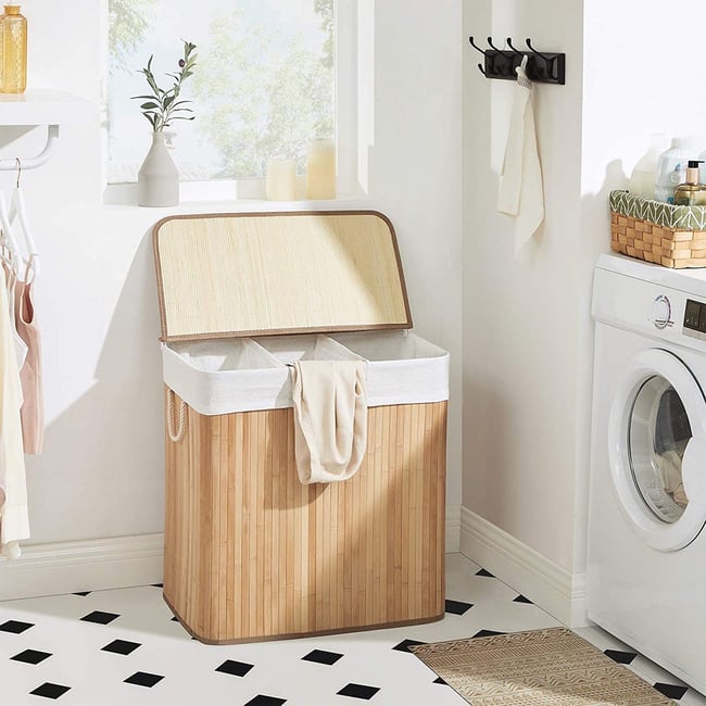 FIVMEN Panier à Linge 2 Compartiments 72L Avec Plateau Bambou - Tissu Oxford Robuste, Poignées, Beige - Idéal Buanderie & Salle De Bain